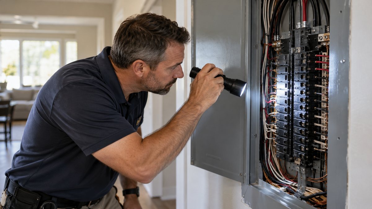 Home inspector examining an electrical panel for common wiring issues in a Pearland TX home