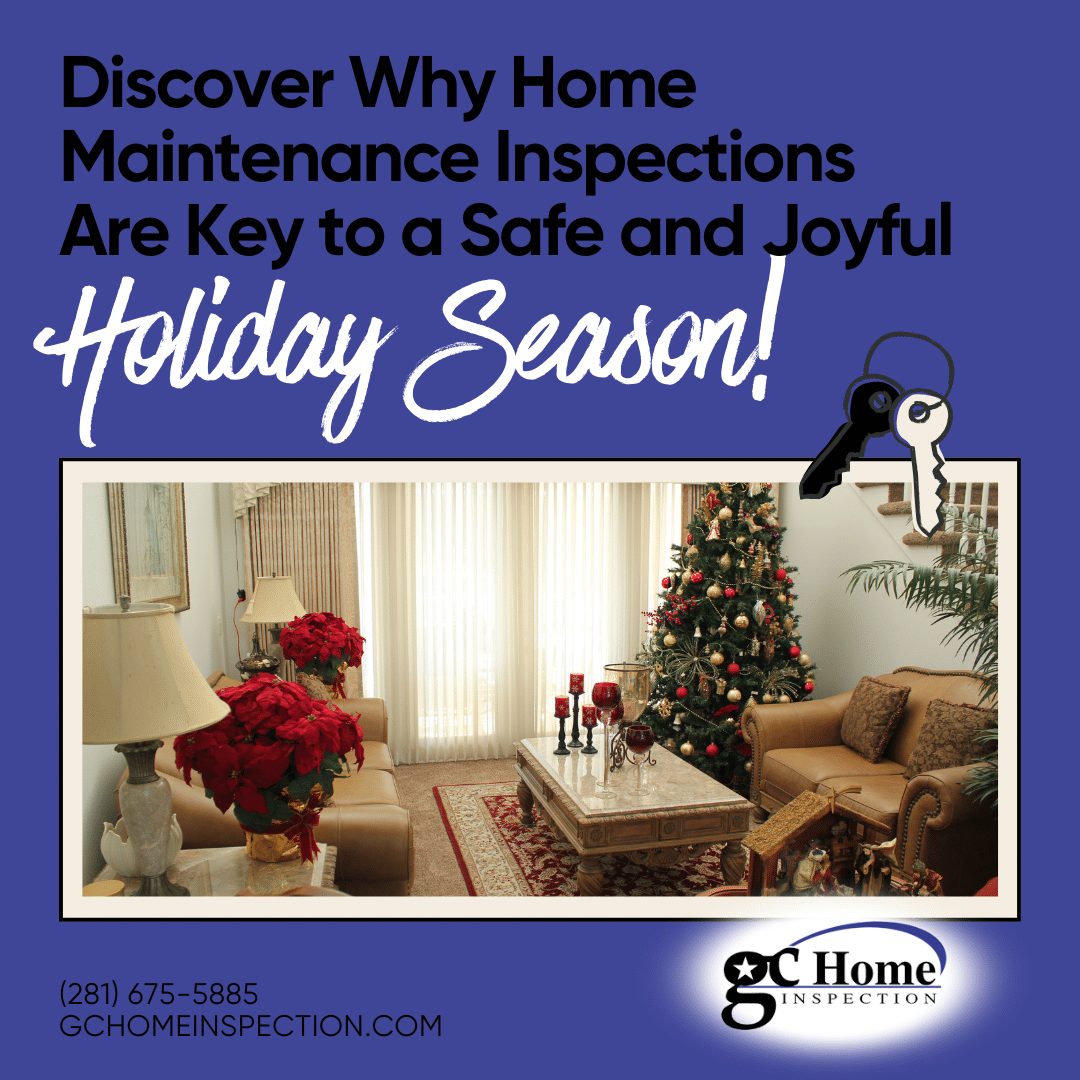 Living room decorated for the holidays with a Christmas tree, poinsettias and candles, a reminder to check home safety before guests arrive