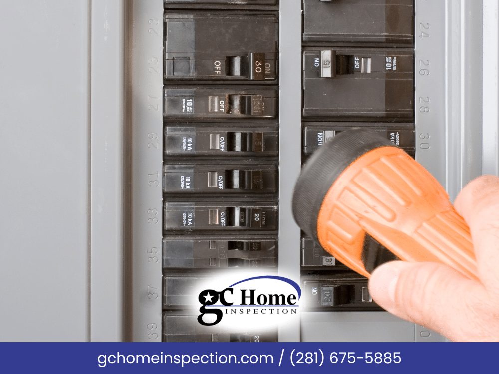 Hand shining a flashlight on a residential breaker panel during an end-of-year home safety check