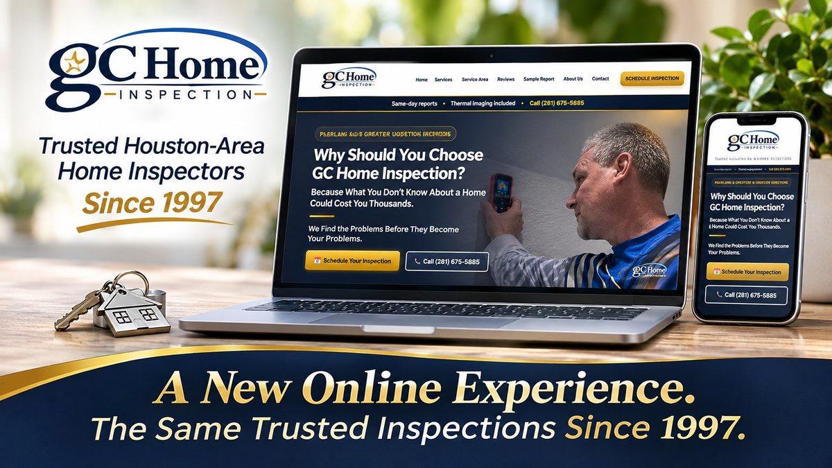 GC Home Inspection redesigned website displayed on desktop and mobile, serving Pearland and greater Houston since 1997.