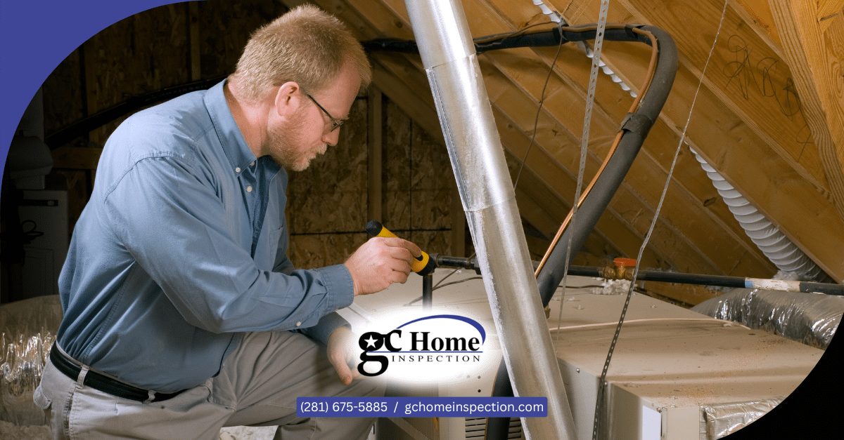 Home inspector checking HVAC equipment and ductwork in an attic, showing the thorough work to look for when choosing a home inspector in Pearland TX