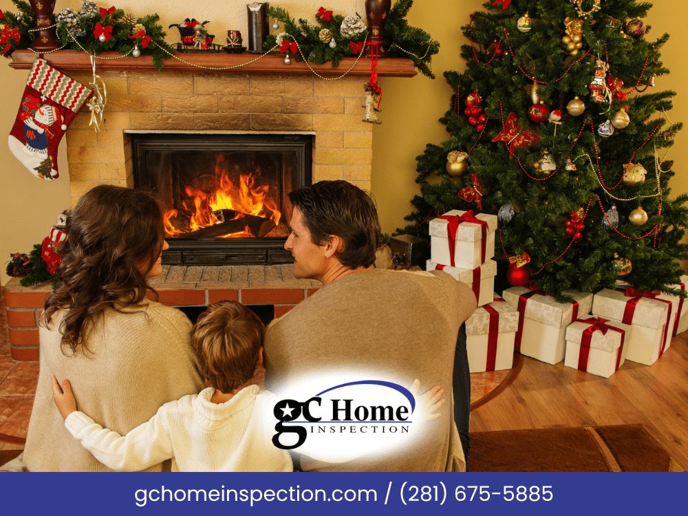 Family sitting together in front of a lit fireplace beside a decorated holiday tree and wrapped gifts