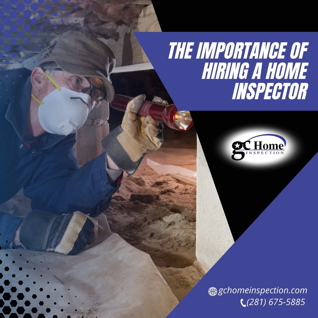 Home inspector in a mask and gloves using a flashlight to inspect a crawlspace