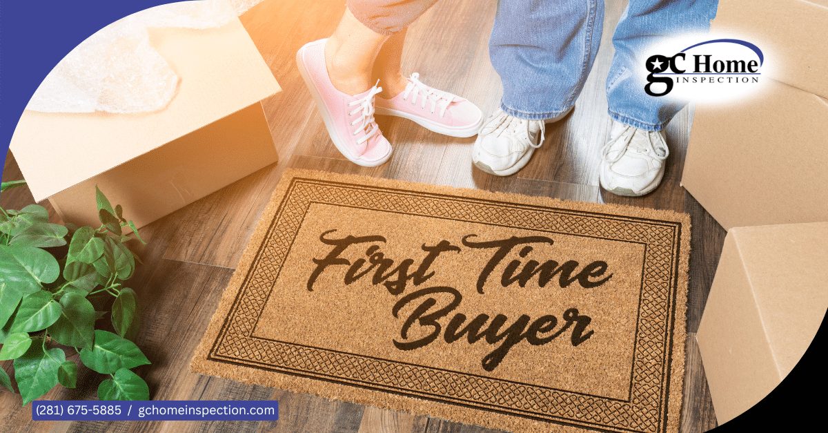 First-time homebuyers standing on a First Time Buyer welcome mat among moving boxes in their new Pearland TX home