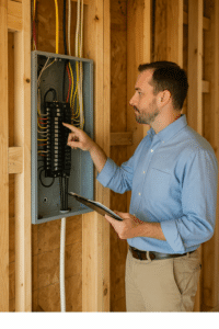 New construction inspector checking wiring in Pearland TX home