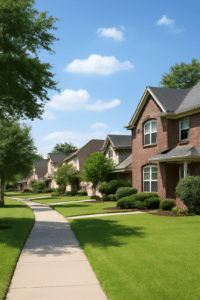 Suburban neighborhood in Pearland, TX with move-in ready homes