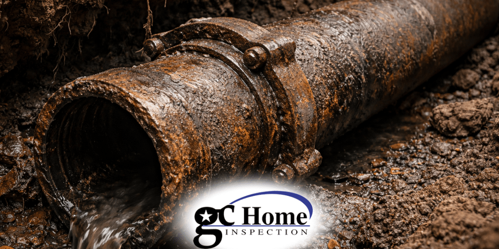 Severely rusted cast iron sewer pipe leaking water underground during a home inspection with GC Home Inspection branding visible