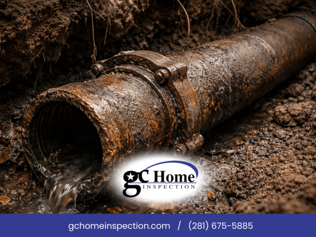 Severely rusted cast iron sewer pipe leaking water underground during a home inspection with GC Home Inspection branding visible
