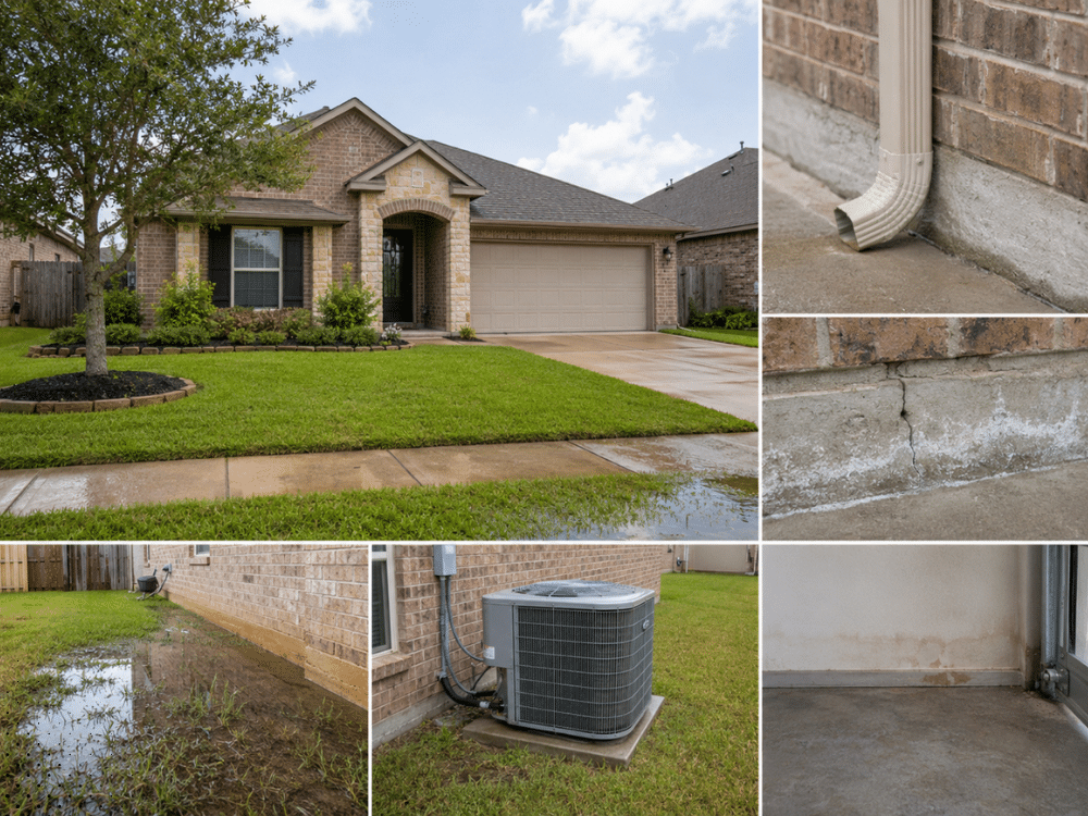 Pearland TX home inspection showing foundation drainage, downspout discharge, standing water, HVAC unit, and visible moisture conditions