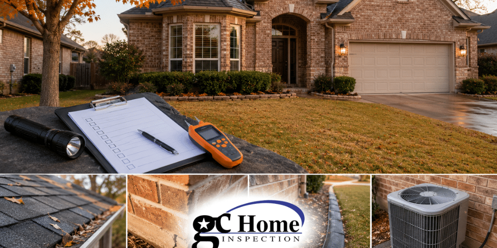 Fall home inspection in Pearland TX showing residential exterior, inspection tools, roof condition, drainage areas, and HVAC system evaluation