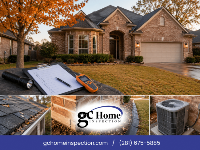 Fall home inspection in Pearland TX showing residential exterior, inspection tools, roof condition, drainage areas, and HVAC system evaluation