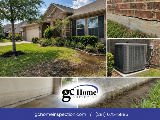 Pearland TX home inspection showing residential exterior, foundation conditions, drainage areas, and HVAC system evaluation
