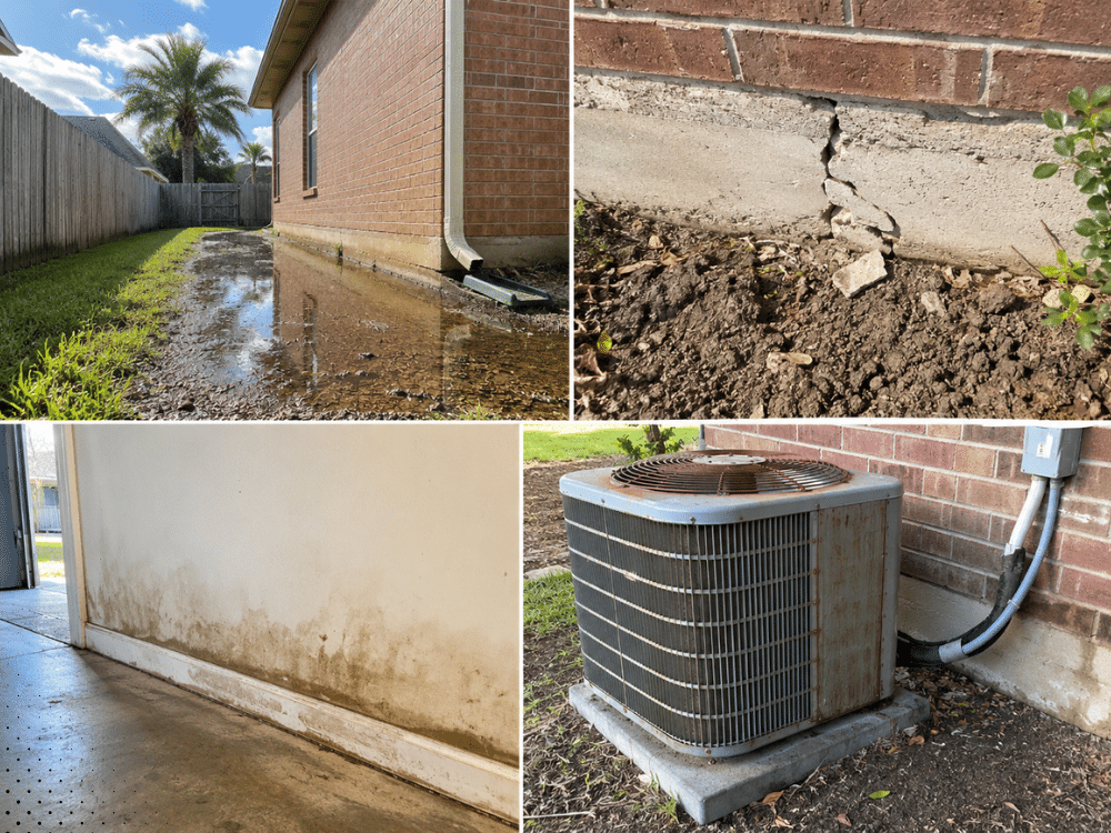 Pearland TX home inspection showing drainage issues, foundation conditions, moisture indicators, and HVAC equipment evaluation