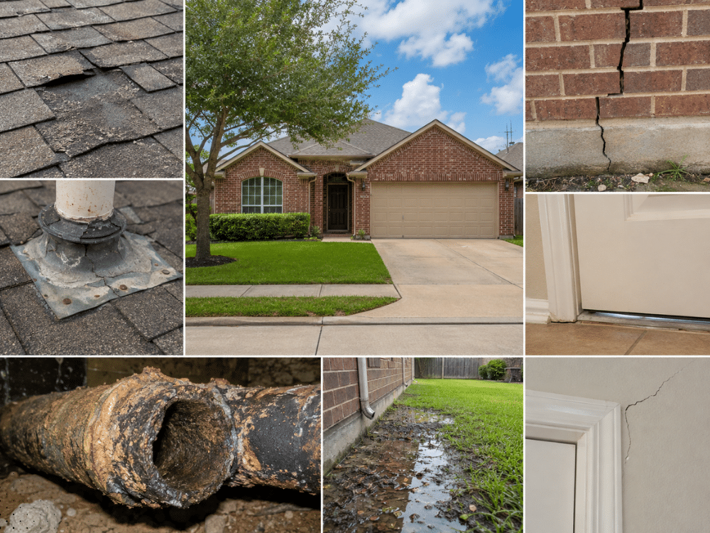Home inspection in Pearland TX showing roof materials, foundation cracks, plumbing concerns, drainage conditions, and visible maintenance items