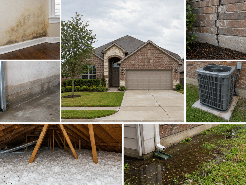 South Houston home inspection showing moisture indicators, attic conditions, foundation cracks, HVAC system, and exterior drainage concerns