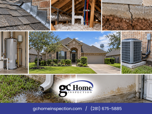 Pearland TX home inspection showing roof flashing, attic plumbing, foundation conditions, water heater, HVAC system, drainage, and moisture indicators
