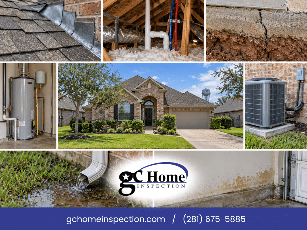 1 Pearland TX home inspection showing roof flashing, attic plumbing, foundation conditions, water heater, HVAC system, drainage, and moisture indicators